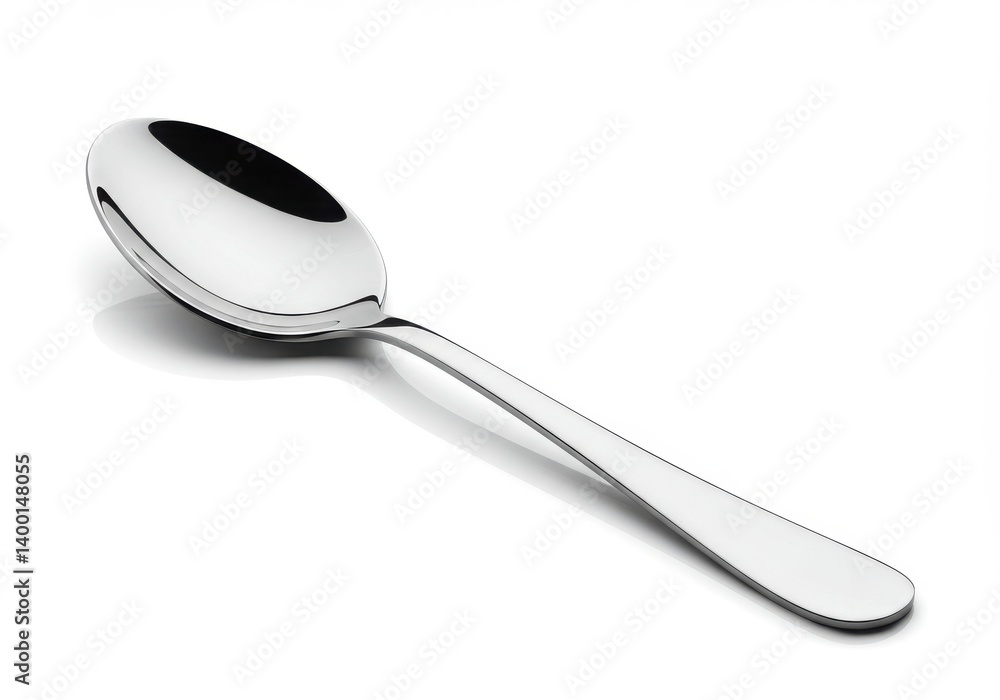 Poster a shiny silver spoon resting on a white surface casting a soft shadow with a simple and clean backgr