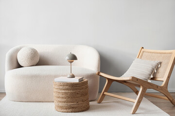 View of modern scandinavian style interior with sofa and trendy lamp, Home staging and minimalism...