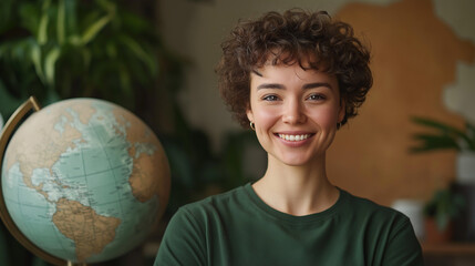 Fototapeta premium Confident woman with short curly hair and a warm smile dressed in a forest green cotton t-shirt, standing in an eco-themed studio with a globe beside her