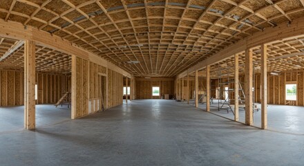 Wooden beam house structure in construction phase
