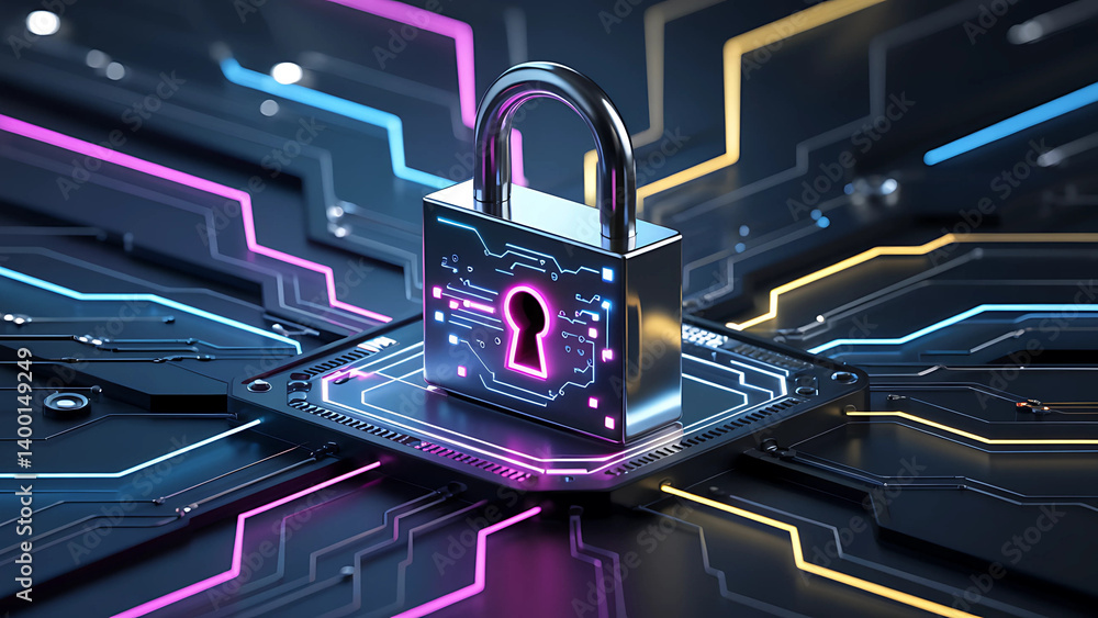 Poster futuristic digital padlock on circuit board representing cybersecurity data protection privacy and n