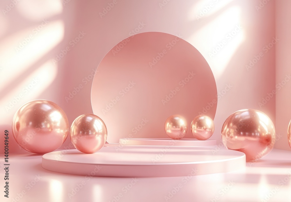 Aufkleber elegant pink background with shiny spheres and minimalistic geometric shapes in a modern setting for