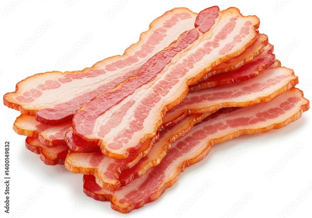 Poster a pile of several strips of uncooked bacon stacked on top of each other on a white surface top view