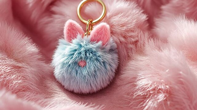Adorable Fluffy Bunny Keychain on Plush Furry Background - Cute and Fashionable Accessory