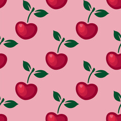 Seamless pattern with cherry hearts on a pink background for Valentines Day. Cute heart shaped cherries background in cartoon style. Pattern with cherries for a wrapping paper, textile prints, etc.
