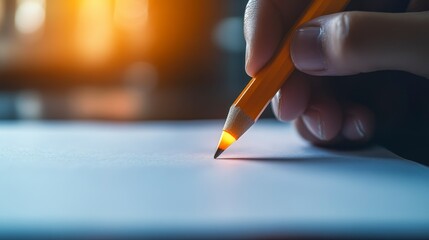 Hand Holding Pencil, Writing on Blank Page with Warm Lighting