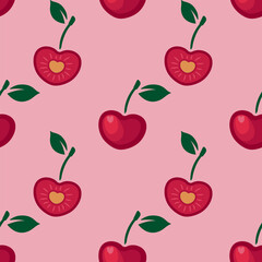 Seamless pattern with cherry hearts on a pink background for Valentines Day. Cute heart shaped cherries background in cartoon style. Pattern with cherries for a wrapping paper, textile prints, etc.
