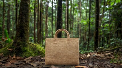 Eco-friendly jute bag displayed on rich forest background