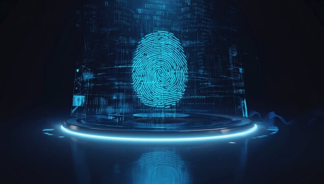 Glowing holographic fingerprint displayed in futuristic digital environment symbolizing biometric security, identity verification, cyber protection, data access control, smart authentication systems. - Powered by Adobe