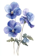 Elegant watercolor illustration of vibrant blue violets with green leaves