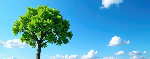 Obraz premium Tall tree against a bright blue sky with white clouds, isolated, nature