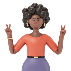 A woman in business attire making a peace sign, symbolizing peace or victory. 3d rendering, conceptual image. Isolated on white background.