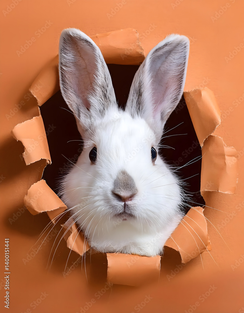 Poster a white rabbit with brown spots peers through a torn hole in an orange background, creating a playfu