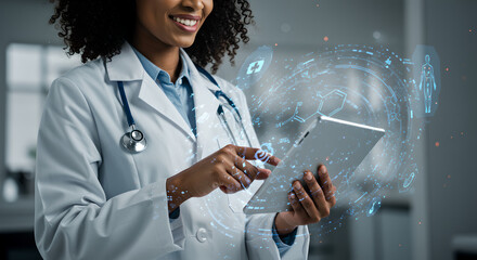 Black woman doctor with digital tablet and holographic medical icons. Medical professional integrates digital solutions in healthcare. Protection personal data. Innovation technology in patient care