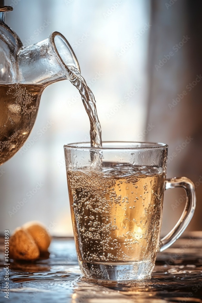 Aufkleber refreshing pour of sparkling beverage from glass pitcher into mug on rustic wooden surface with bubb