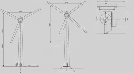 Technical Drawing of a Wind Turbine with Labels and Dimensions