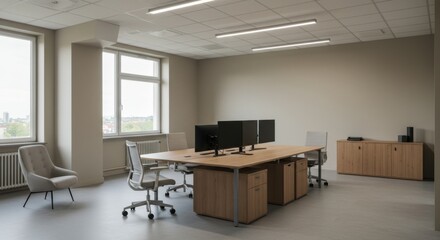 Corporate office workspace with desks and computers