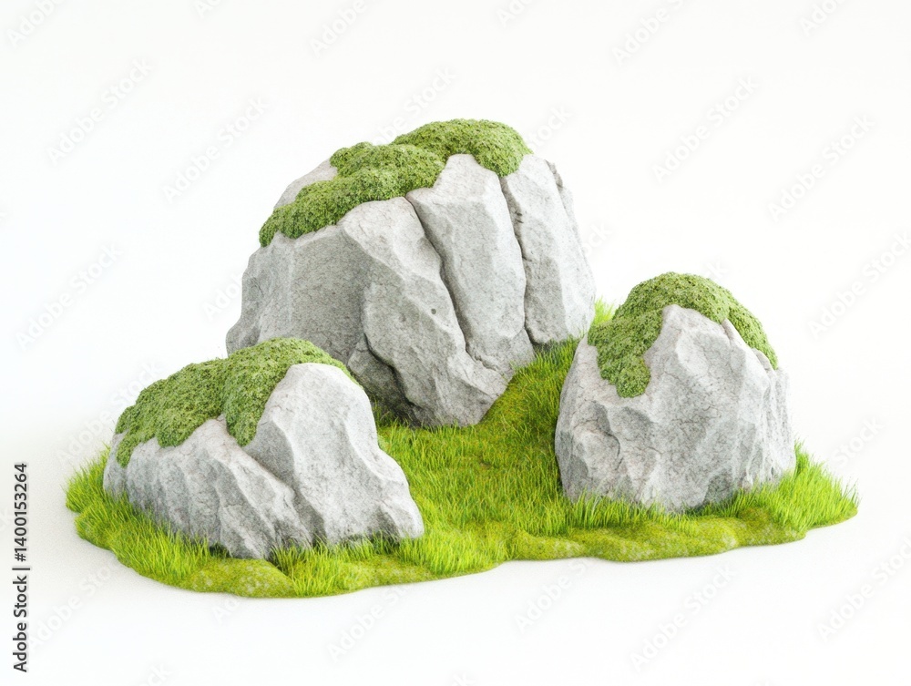 Aufkleber three mossy rocks on a green grass patch against a white background in a studio shot with a low angl