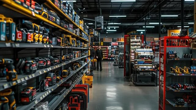 Hardware store aisle featuring a wide variety of cordless power tools for construction and renovation