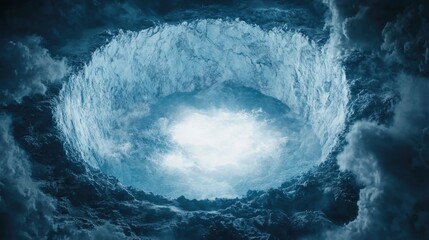 A swirling vortex in clouds revealing a bright, open sky.