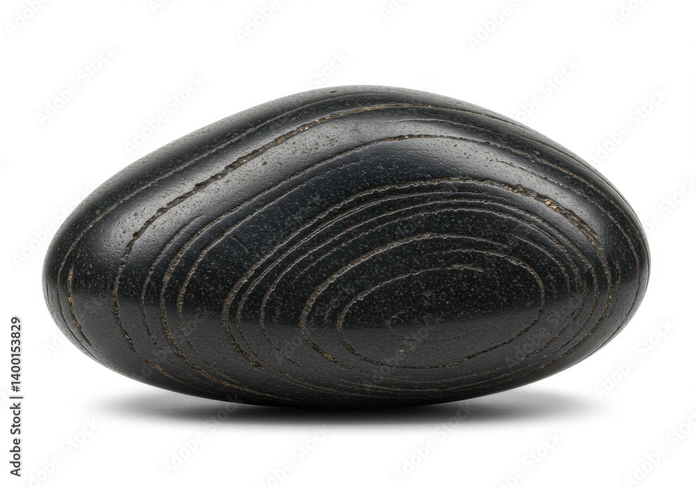 Poster a smooth dark stone with concentric lines laying on its side against a white background in studio sh