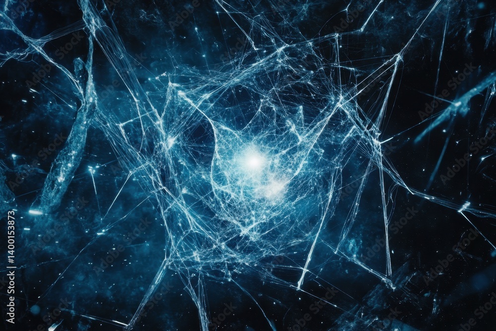 Poster abstract blue spiderweb with bright center light creating a cosmic ethereal background for science a
