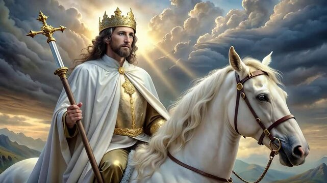 Jesus Christ as Michael on white horse in victory 4K