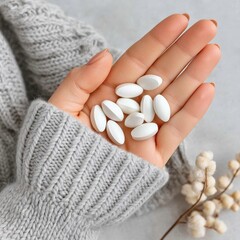 A cozy hand holds white oval pills against a soft gray sweater backdrop, highlighting a serene moment of health and wellness.