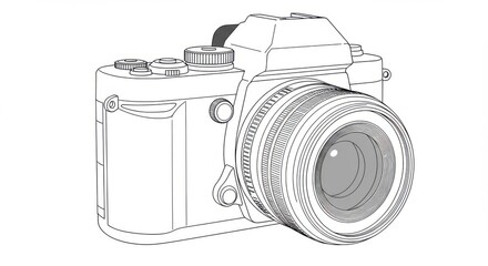 Detailed Line Art of a Camera Lens and Body