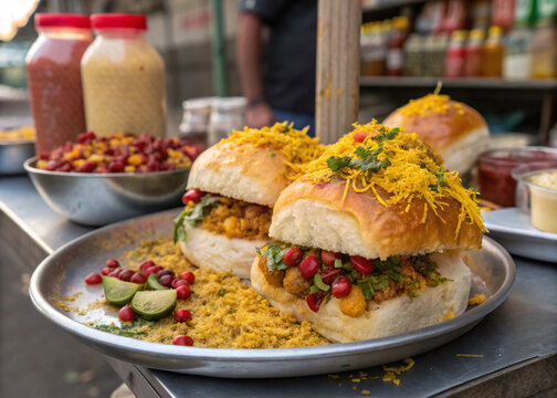 Spicy Indian Dabeli Street Food Snack with Masala Stuffing and Garnish