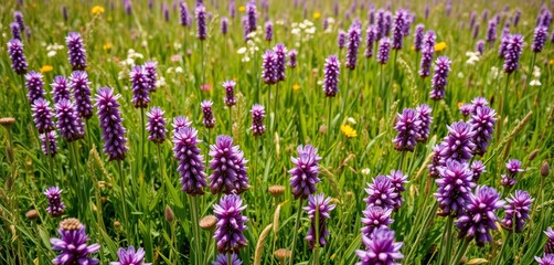 Fototapeta premium Purple vetch blossoms carpet a sun-drenched meadow, wildflowers in summer bloom, common vetch, wildflower meadow