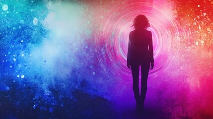 Silhouette of a person standing against a colorful abstract background with swirling patterns