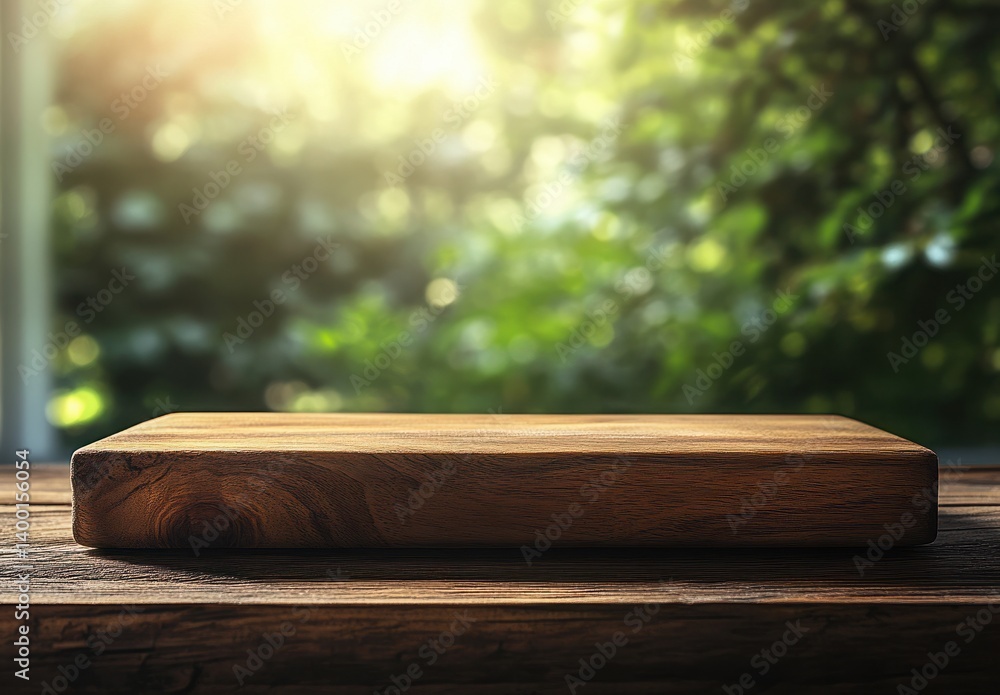 Poster wooden cutting board on a rustic table surrounded by lush greenery with soft sunlight filtering thro