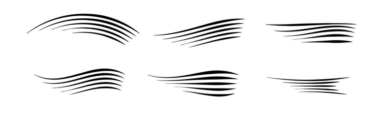Flowing wind motion line. Air logo wave. Air movement and gust symbol pack. Vector