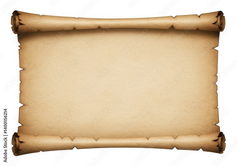 Poster an old parchment scroll with curled edges lying flat against a white background for text or images
