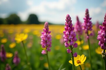 Close-up of rapeseed flowers with blurred field in background, farm, spring