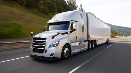 Freight truck traveling along a scenic highway surrounded by mountains