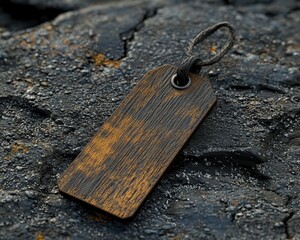Fototapeta premium A rustic wooden tag rests on a textured dark surface, showcasing its rough grain and unique craftsmanship.