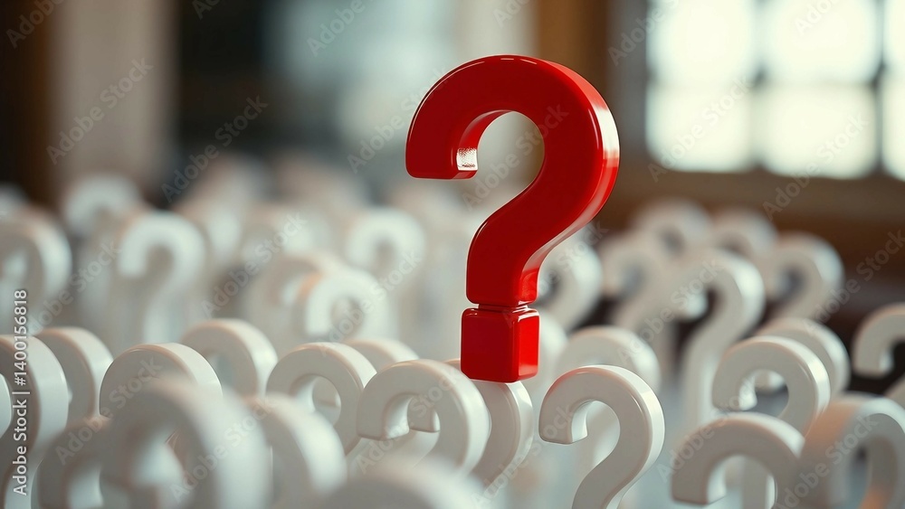 Aufkleber red question mark over white question marks why