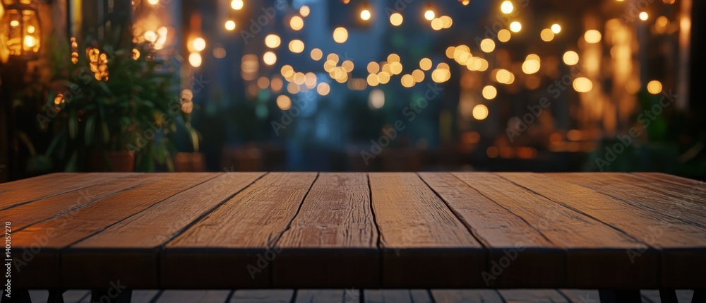 Poster rustic wooden tabletop scene with bokeh lights and greenery for product display and atmospheric back