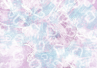 Pink and blue background, ice with a crack in watercolor grunge style with hearts. Winter background, ice floe, frame, texture for festive design. The texture of ice with white hearts.