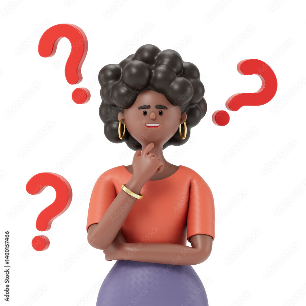 Poster a woman thinks, surrounded by floating question marks, symbolizing uncertainty or decision-making. 3