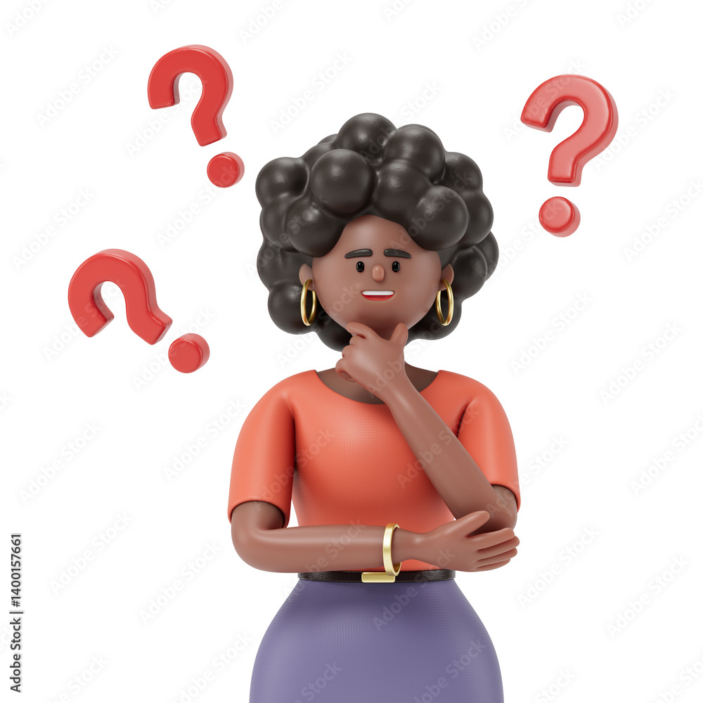 Poster a woman thinks, surrounded by floating question marks, symbolizing uncertainty or decision-making. 3