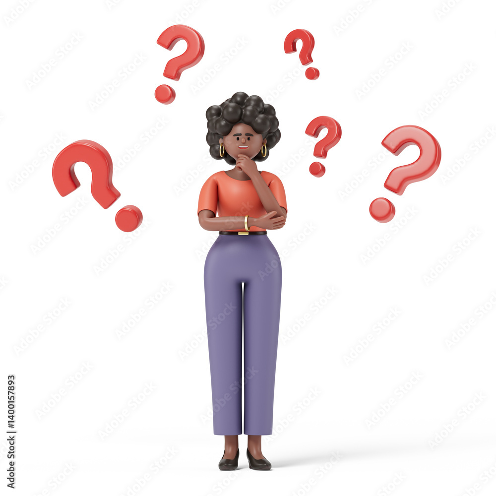Poster a woman thinks, surrounded by floating question marks, symbolizing uncertainty or decision-making. 3