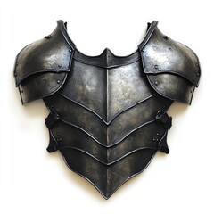 Medieval metal armor breastplate.  Detailed, dark gray, sculpted pieces form a protective chest plate.  Intricate designs and rivets suggest historical accuracy and craftsmanship