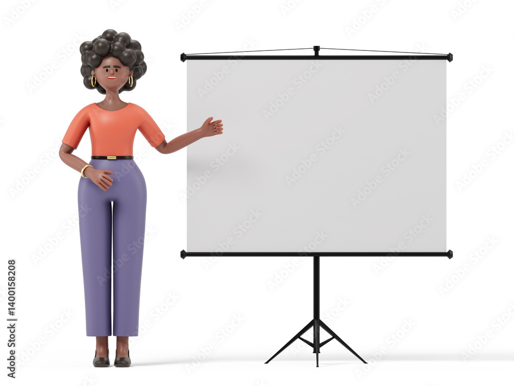 Poster a woman gestures towards a blank flip chart, symbolizing preparation for a presentation or lecture. 