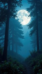 Fototapeta premium The full moon casts an ethereal glow on a misty forest, foliage, fog, nighttime