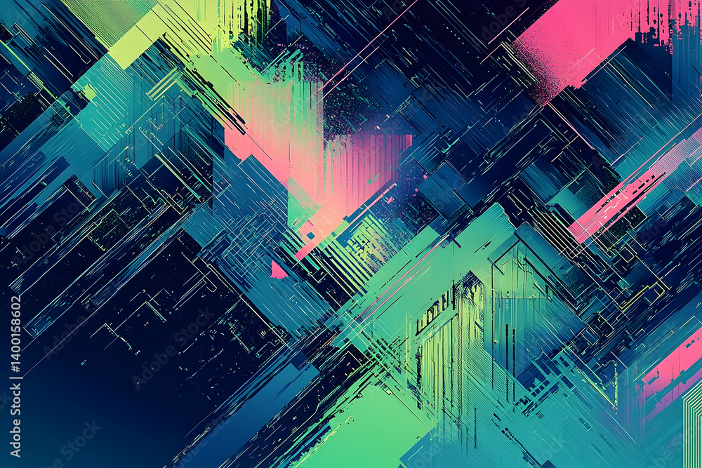 Poster a vibrant abstract design with intersecting geometric forms and dynamic color combinations.