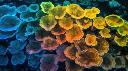 Colorful coral formations in an underwater scene.