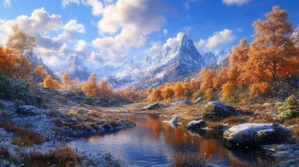 Obraz premium Serene autumn mountain landscape with snowy peaks golden trees and a tranquil river reflecting the sky creating a picturesque scene